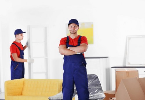 Office relocation equipment and furniture ready for transport