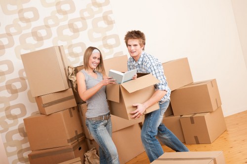 Packed moving boxes prepared for a Charlton relocation